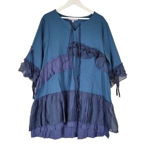 Pretty Angel Linen Tunic Top‎ Womens XL Teal Navy Blue Boho Ruffle Lagenlook